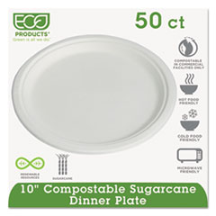 Compostable Sugarcane
Dinnerware, 10&quot; Plate,
Natural White, 50/Pack