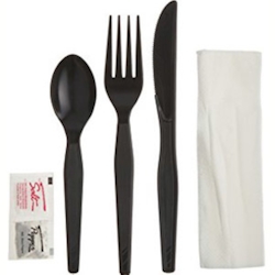 Black Cutlery Kit 
Medium Weight Polypropylene Kn 
Fk Tsp 10X12 Nap S&amp;P Prime 
Source 250/cs