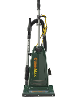 CMPS-QD CleanMax Pro-Series
14&quot; Commercial Upright Vacuum,
10 Amp 2-Stage Motor, Quick
Draw Tools with 12&#39; Cleaning
Reach, 60&#39; 3-Wire Cord (two
30&#39; pigtail cables with lock),
HEPA Media Filter, Metal
Brushroll, Bottom Plate &amp;
Handle