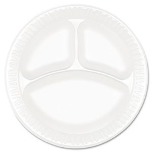 Laminated Foam Plates, 9&quot;
dia, White, Round, 3
Compartments, 125/Pk, 4 Pks/Ct