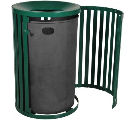 Streetscape 45 Gallon Round 
Trash Receptacle, Steel, 
Hunter Green Gloss, With Door