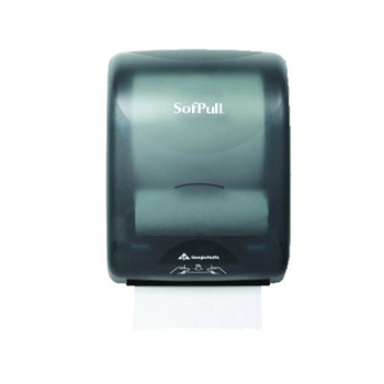 594-89 Sofpull hands free
mechanical roll towel
dispenser. Holds
1000&#39; towel and stub roll.
Plastic, smoke gray. EA