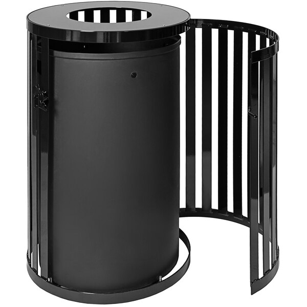 Streetscape 45 Gallon Round 
Trash Receptacle, Steel, Black 
Gloss, With Door