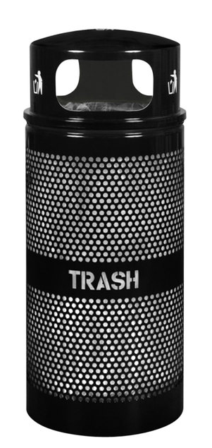 34 Gallon Round Black Gloss 
Perforated Trash Receptacle 
with Dome Top