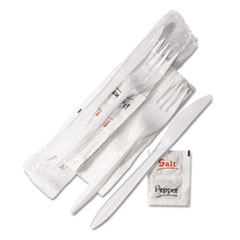 Wrapped Cutlery Kit, 6 1/4&quot;,
Fork/Knife/Napkin/Salt/Pepper,
White, 500/Carton